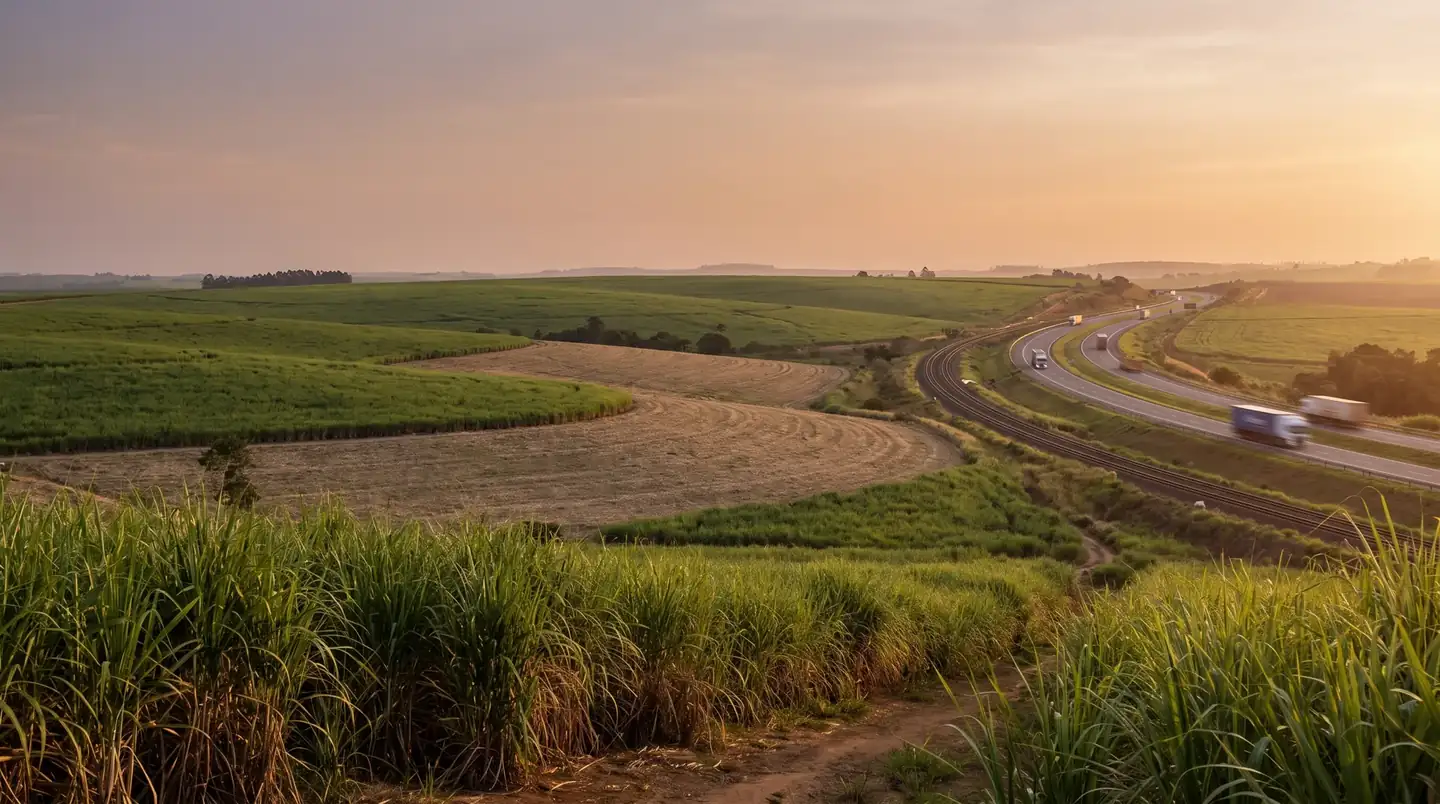 Illustration of Brazilian sugarcane fields at dusk, with a road leading toward the horizon.