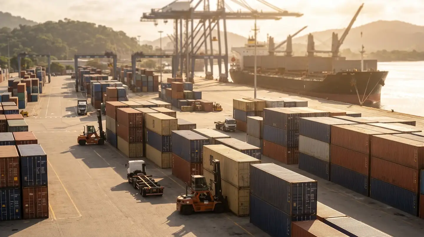Illustration of a container yard with a bulk vessel alongside the quay.