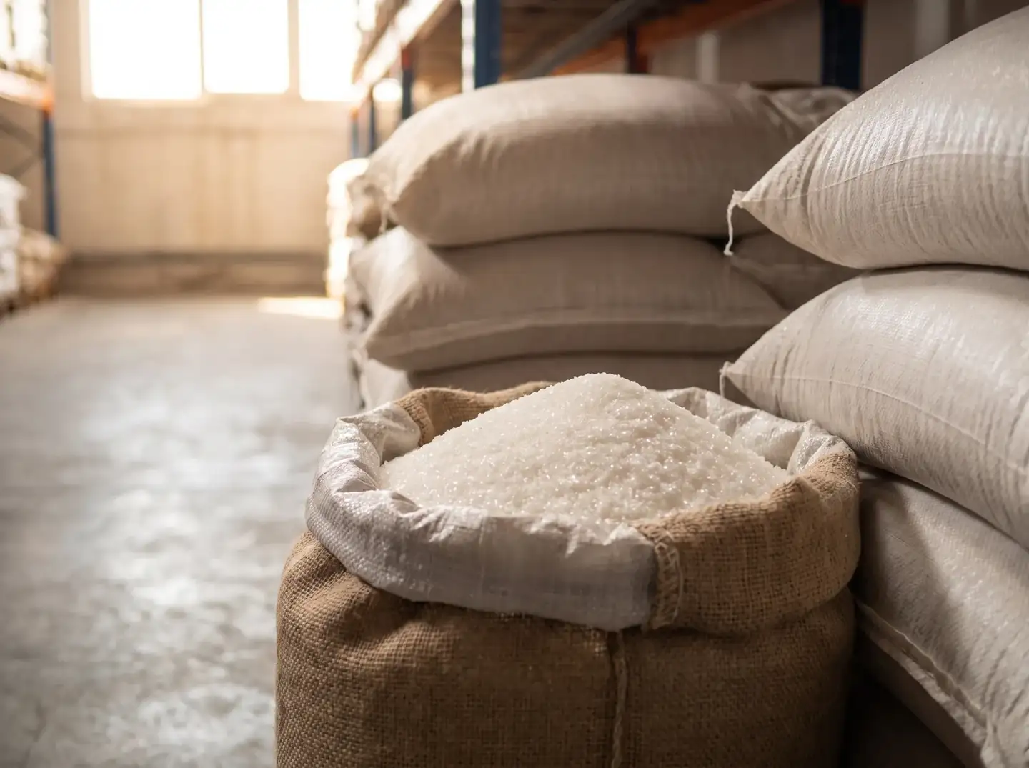 Illustration of white sugar in woven sacks inside a warehouse.