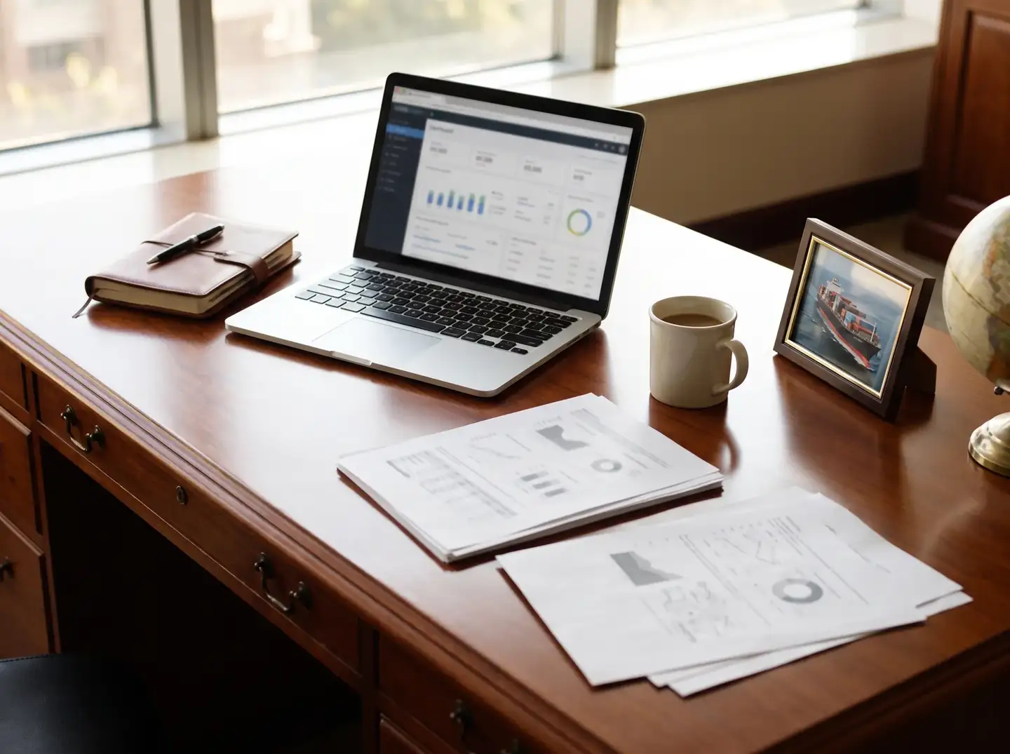 Illustration of printed reports and a laptop on a desk.