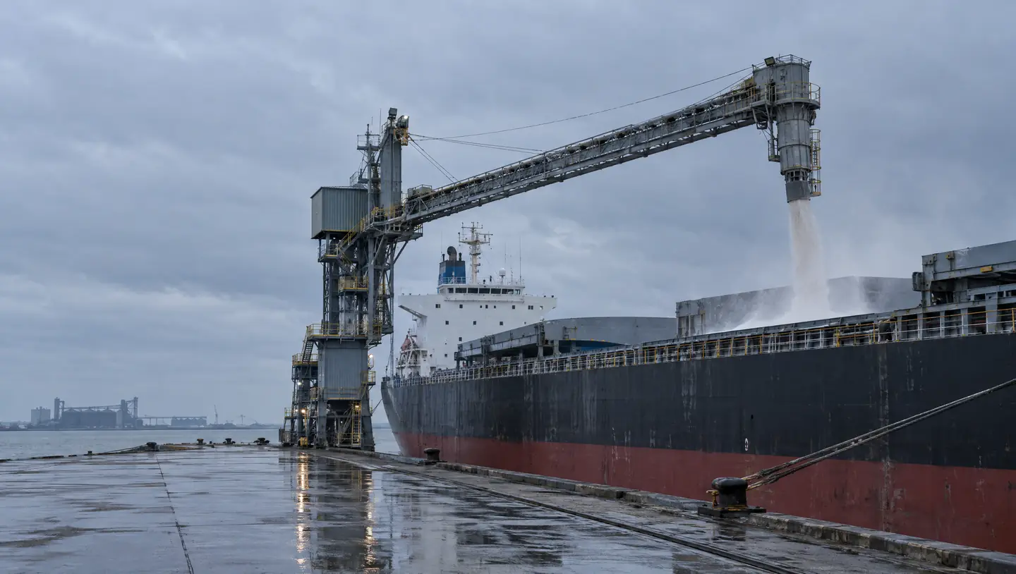 Illustration of a bulk carrier being loaded with sugar from a shiploader at a port quay.